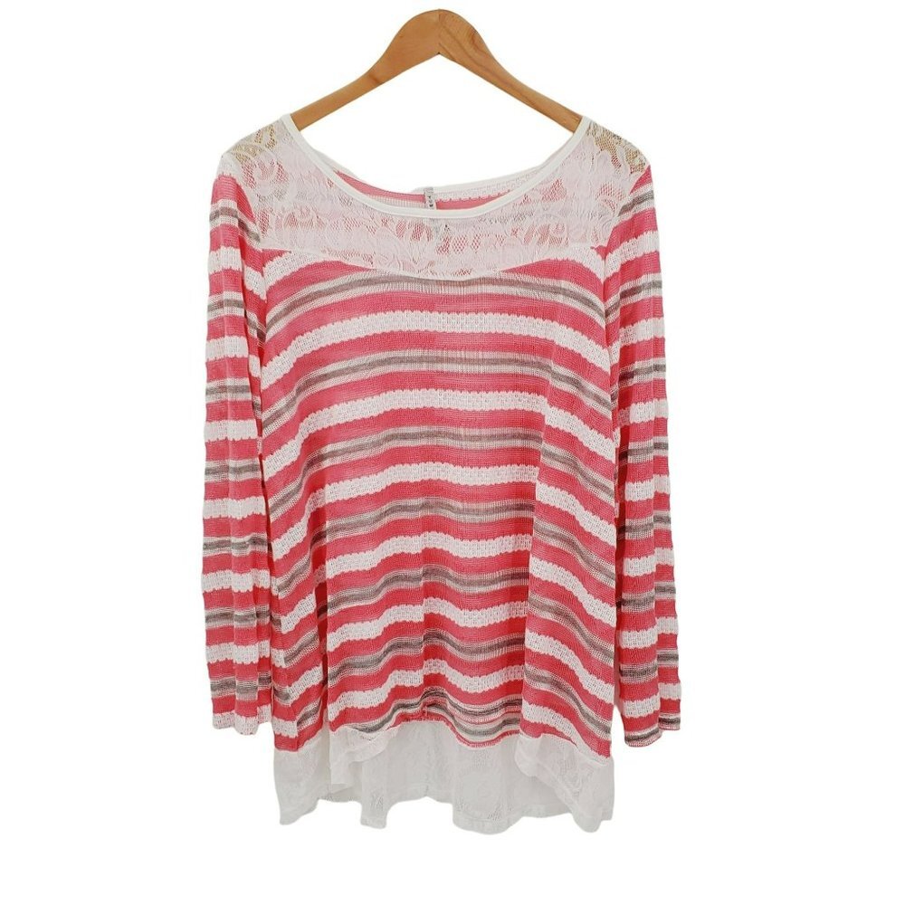 Womens Pink Striped Hi-Low Tunic Top 2X Long Sleeve Scoop Neck‎ Lace Yummy Plus